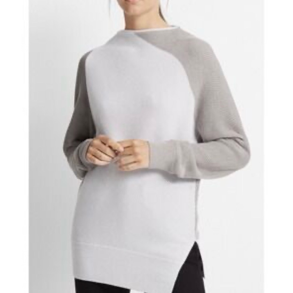 Club Monaco Beige Gray Wool Blend Color Block Asymmetric Ribbed Knit Sweater‎ M